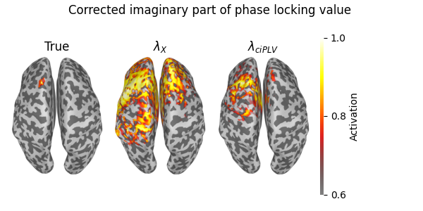 Corrected imaginary part of phase locking value , True, $\lambda_{{X}}$, $\lambda_{{ciPLV}}$